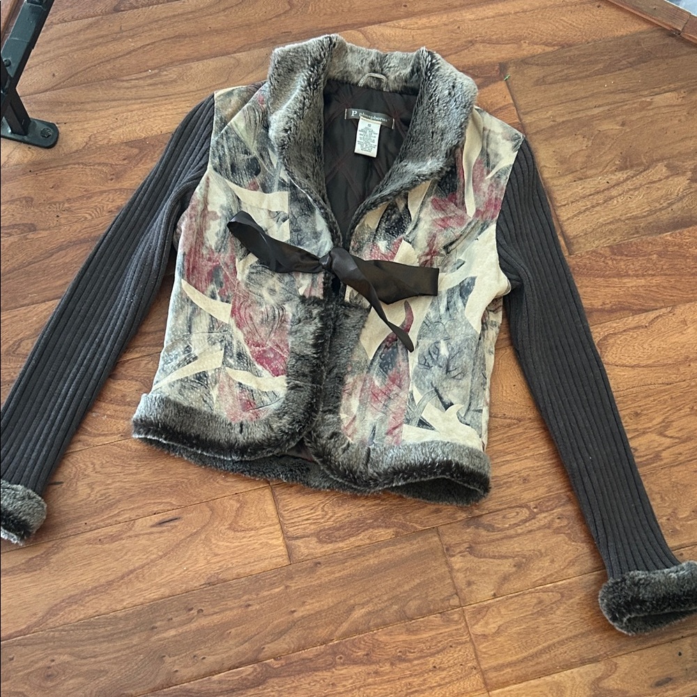 Phosphorus Leather Printed Knit Fur Trim Jacket Size Small